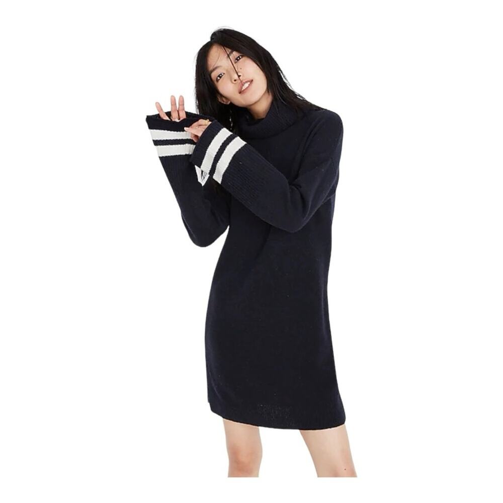 Madewell 100% Merino Wool Navy Blue Turtleneck Sweater Dress Sz S Bell Sleeve